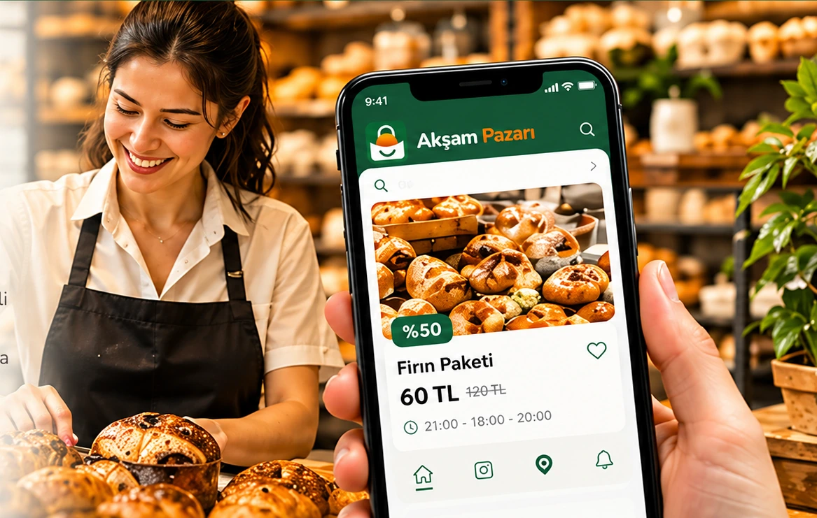 Akşam Pazarı uygulamasının ilan ekranını gösteren telefon; arkada fırında çalışan gülümseyen bir işletme çalışanı