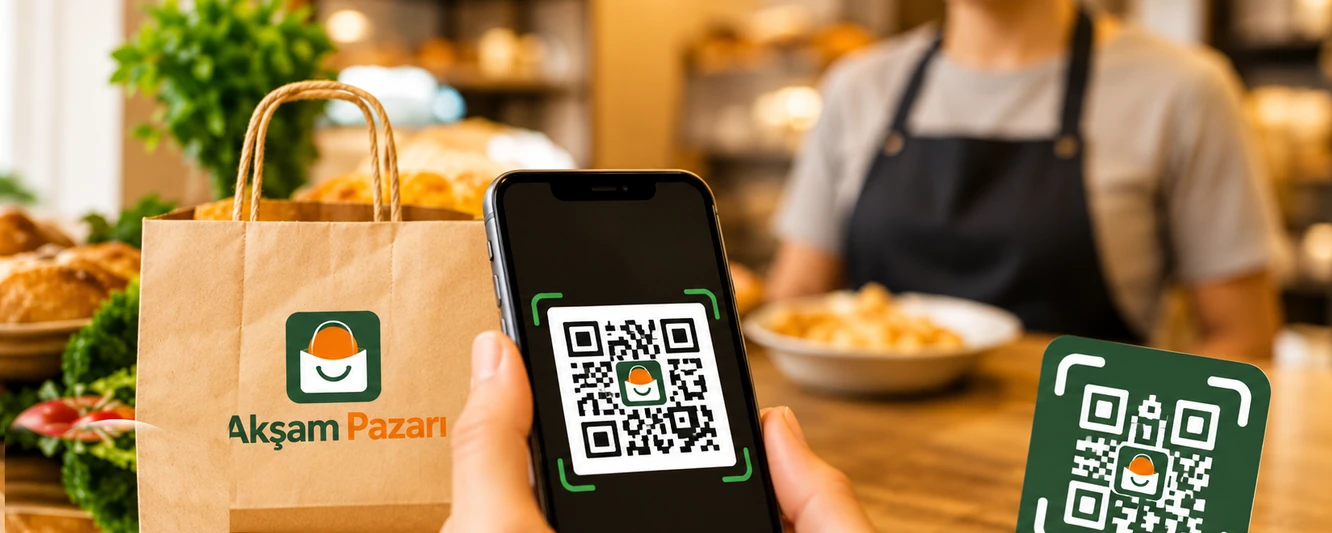 Teslimde elde telefon ekranında QR kodu; yanında kâğıt poşet