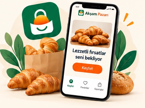 Akşam Pazarı uygulaması açık bir telefon, croissant ve ekmek dolu kâğıt poşet